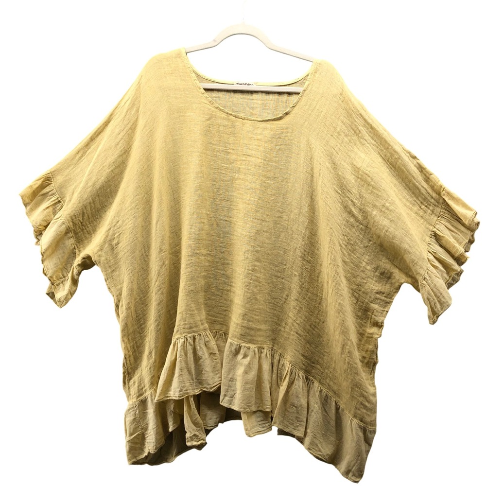 Tera Bora Linen Blend Tunic Poncho Top Womens OS Yellow Ruffle Lagenlook Italy